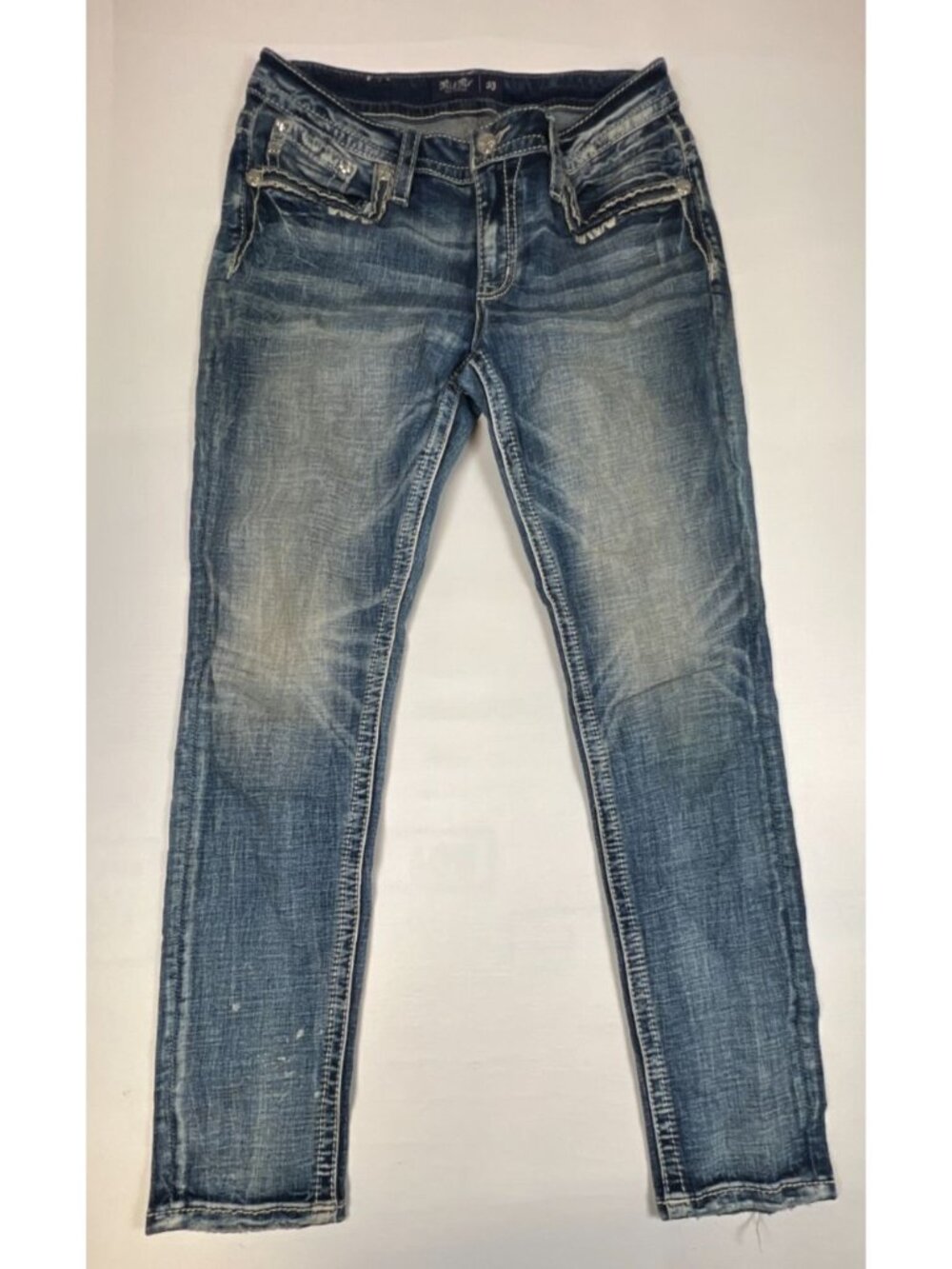 Miss Me Women 30 Mid-Rise Skinny Blue Distressed Thick Stitch Denim Jeans